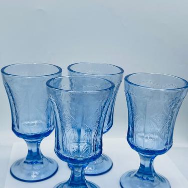 Vintage set of (4)  Indiana Federal Madrid Pattern Ice tea Water Wine Goblets in Pretty Blue Glass- set of Four 