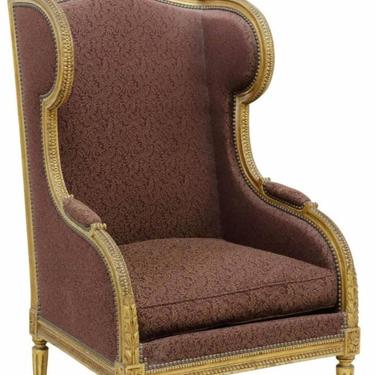 Antique French Louis XVI Style Carved Giltwood Wingback Bergere Armchair, Early 20th Century 