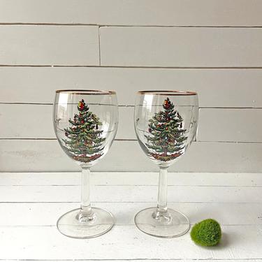 Vintage Spode Christmas Tree Wine Glasses, Set of 2, Gold Rim, Goblets | Holiday Dinner Wine Glasses, Decor, Perfect Gift, Christmas Gift 