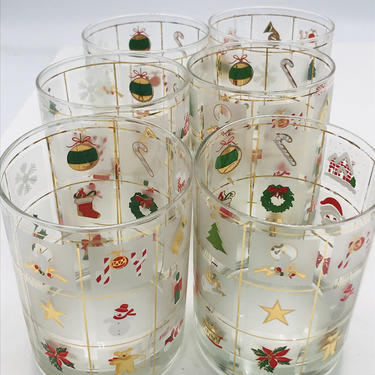 Vintage Culver (6) Holiday Christmas Potpourri Glasses Double Old Fashioned 14 oz 
