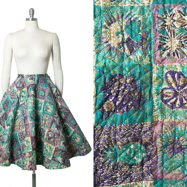 Vintage 1950s Circle Skirt | 50s Hawaiian Floral Novelty Print Quilted Cotton Metallic Gold Surfers Hula Dancer Swing Skirt (medium) 