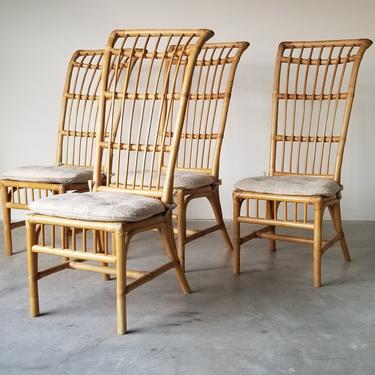 Vintage High Back Rattan Dining Chairs - Set of 4 
