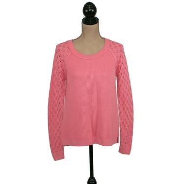 Pink Knit Sweater Medium, Button Back Ribbed Cotton Pointelle Top Tunic, Casual Clothes Women, 2000s Y2K Vintage Clothing, Ann Taylor Loft 
