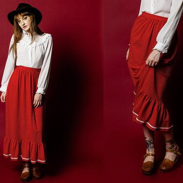 Vintage Maxi Red Mini Polka Dot Prairie Skirt 