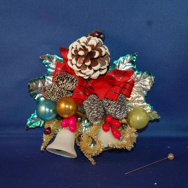 Vtg Christmas Corsage w/ White Glittered Bells, Glass Ornaments, Berries, Glass Beads, Pine Cones, Chenille Beaded Vines, Silver Foil Leaves 