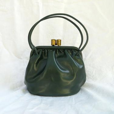 Vintage 1940's Green Leather Purse Handbag Top Handle Brass Knob Closure WW2 Era De Liso Debs Lennox 