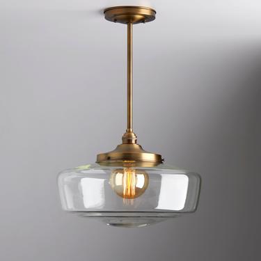 Clear 14&amp;quot; hand blown glass - Mid century modern - pendant lighting - hand blown glass - ceiling fixture - brass light - ceiling light 