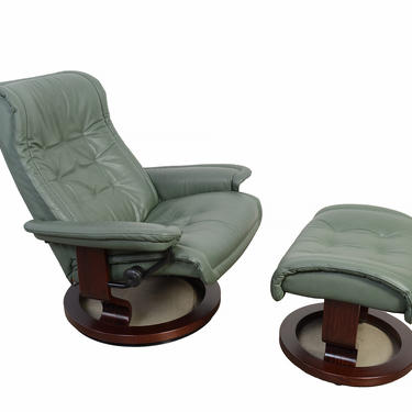 Ekornes Stressless Reclining Chair &amp; Ottoman Sage Green Leather Norway Mid Century Modern 