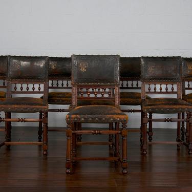 Late 19th Century Set of 8 French Henry II Hunting Renaissance Walnut Dining Chairs W/ Original Hand-Tooled Leather 