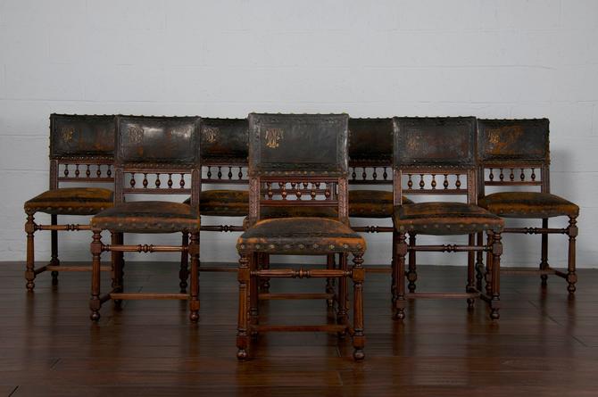 Late 19th Century Set of 8 French Henry II Hunting Renaissance Walnut Dining Chairs W/ Original Hand-Tooled Leather 