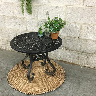 LOCAL PICKUP ONLY Vintage Patio Table Retro 1980s Round Black Cast Iron Bistro End Table with Fleur-de-lis Design + Patio + Outdoor Dining 