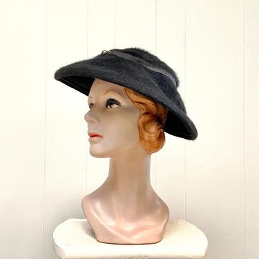 Vintage 1950s Black Wool Felt Bucket Hat, New Look Long Nap Felt Flower Pot Hat, Mid-Century Fashion, The Bon Marché 