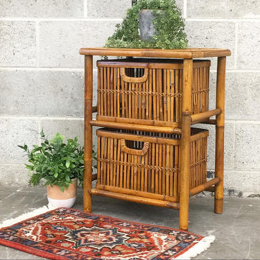 Vintage Bamboo Table Retro 1990s Bohemian + End or Side Table + Two Cubby Drawers + Brown Woven Frame + Boho + Home Storage and Furniture 