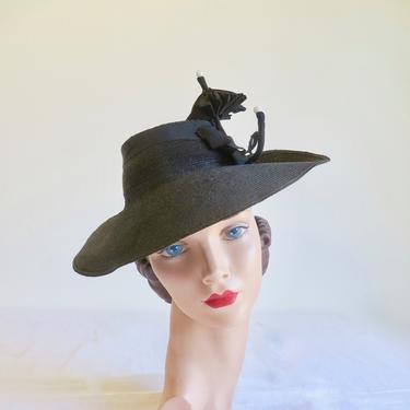 Vintage 1940's Unique Black Straw Brimmed Hat Umbrella and Grosgrain Ribbon Trim WW2 Era Rockabilly 40's Millinery 