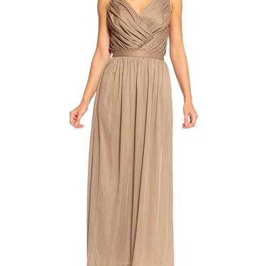 1970'S Ecru Polyester Jersey Backless Draped Disco Gown 