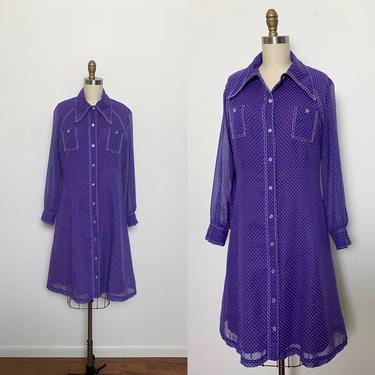 Vintage 1970s Dress 70s Polka Dot Purple Shirtwaist Size Large 
