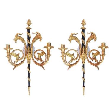Sculptural 24-Karat Empire Style Wall Candelabra Sconces Pair with Goat Heads 