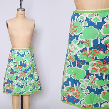 Vintage 70s printed wrap skirt / green bird and trees psychedelic print skirt / free size reversible skirt / vintage woodland print skirt 