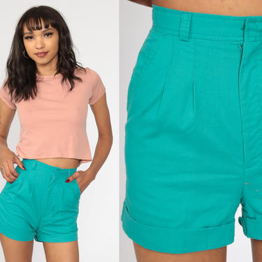 Turquoise Green Shorts xxs 80s High Waisted Shorts Mom PLEATED Retro Colored 1980s High Waist Rise Vintage Extra Small 2xs 