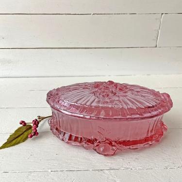 Vintage Pink Rose Fenton Glass Covered Jewelry Trinket Box // Pink Footed Rose Box // Purple Vanity, Makeup, Pill Box // Perfect Gift 