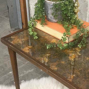 Vintage Side Table Retro 1960s Mid Century Modern + Wood Frame + Clear Plexi Top + Brown + Orange + MCM End Table + Home and Furniture 