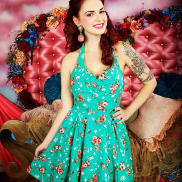 Rosemary floral halter pinup vintage style swing dress 