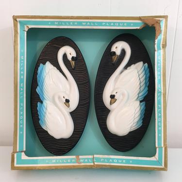Vintage Chalkware Swans Wall Hanging Set of Two Miller Studio 1965 1960s Chalk Plaster Plaques White Blue Black Hand Painted NOS Deadstock 