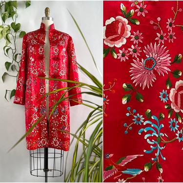 PLUM BLOSSOMS 70s Vintage Red Silk Satin Embroidered Asian Coat | 1970s Floral Bird Embroidery Chinese Jacket | 60s Dead Stock | Size Small 