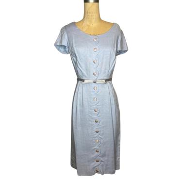 1950s blue linen wiggle dress 