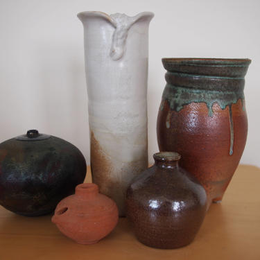 Lot of 5 Vintage STUDIO POTTERY Vessels Vase Urn Pitcher Weed Pot, Mid-Century Modern raku drip lava raymor danish eames knoll dansk era by refugegallery