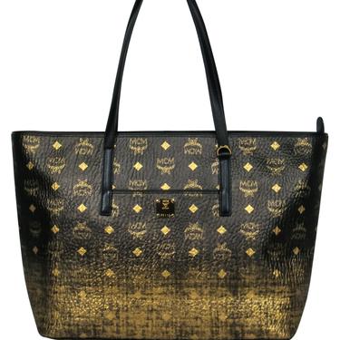 MCM - Black & Gold Pebbled Leather Ombre Monogram Print Tote