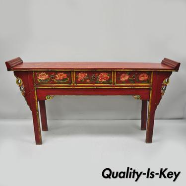 Mid 20th C Red &amp; Green Distress Painted Altar Console Mongolian Table Sideboard