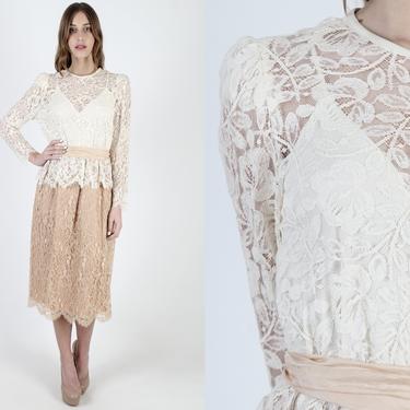 Vintage 80s Scallop Floral Lace Wedding Dress Sheer See Through Dress Victorian Style Deco 1980s Ivory Nude Lace Party Midi Mini Dress 