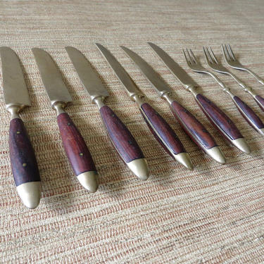 Vintage Bronze Teak Flatware - 6 Butter Knives and 3 Cocktail Forks 