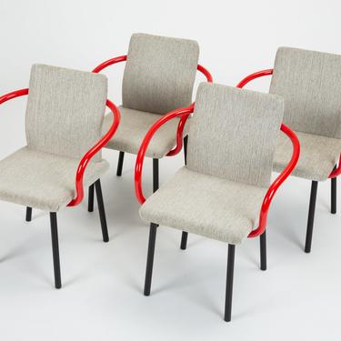 Set of Four Mandarin Chairs with Red Arms by Ettore Sottsass for Knoll