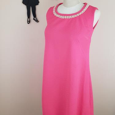 Vintage 1960's Bright Pink Shift Dress / 70s Polyester Magenta Day Dress L 