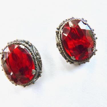 Mid Century Large Open Set Red Rhinestone Pewter Earrings 