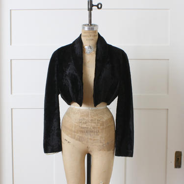 vintage 1950s faux fur bolero • witchy peaked hem cropped jacket • black with ivory satin liner 
