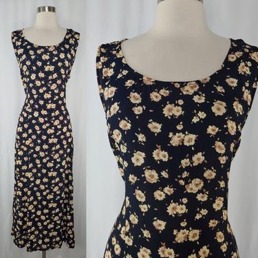 Vintage Nineties XL Black Rayon Floral Sleeveless Dress with Waist Ties - 90s Scoop Neck Dress - Flaw 