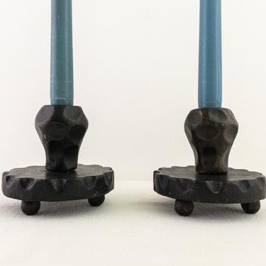Set of 2 Vintage Chunky Dark Wood Candlestick Holders, Decorama, Made in Spain 