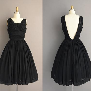 1950s vintage dress | Gorgeous Jet Black Super Low Back Full Skirt Cocktail Party Dress | XS | 50s dress 