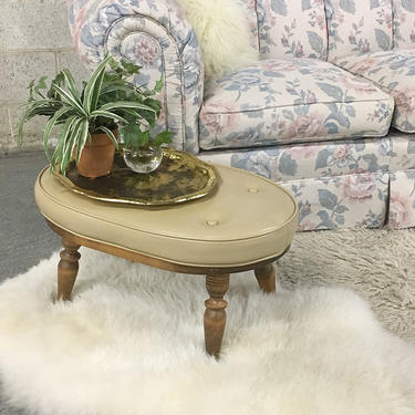 Vintage Ottoman Retro 1960s Oval Shaped + Tan Colored Vinyl Covered Ottoman Stool + Carved Brown Wood Legs + Mid Century Seating Home Decor 