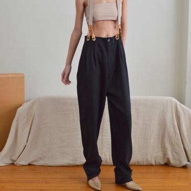 washed black silk and wool blend suspender pleated trouser 