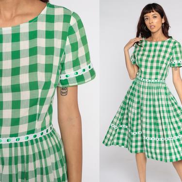 1960s Plaid Dress Green White Buffalo Plaid Dress Checkered 60s Midi Tartan Dress Fit and Flare Party Vintage Small S 
