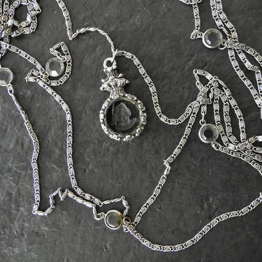 Goldette Grey Glass Intaglio Three Strand Bezel Set Crystal Necklace 