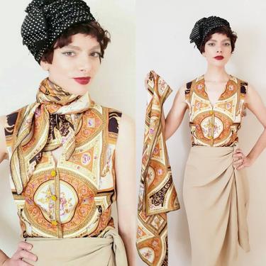 Vintage Etro Silk Print Vest Matching Scarf Shawl / Designer Baroque Print Top and Scarf Set Ensemble Italian Maximalist / Med 
