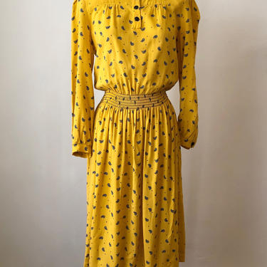 Bright Yellow and Black Paisley Print Dress - 1980s 