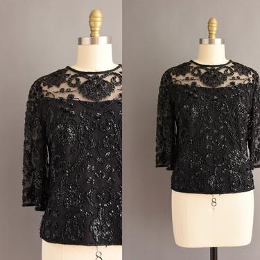 vintage 1950s blouse - black beaded sequin semi sheer net cocktail party blouse -  Size Medium - 50s blouse 