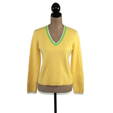Cable Knit Cotton Pullover, Yellow Sweater V Neck, Knit Top Small Women, Retro Clothes 1980s, Vintage Clothing 80s Preppy Tommy Hilfiger 