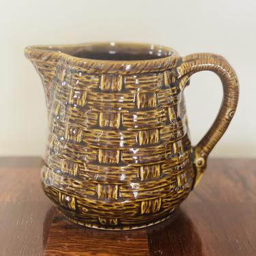 Antique French Majolica Pitcher in Basket Weave Motif